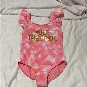 Young Hearts 7/8 Pink Ruffle Kids One Piece Swimsuit rule the pool graphic nwt